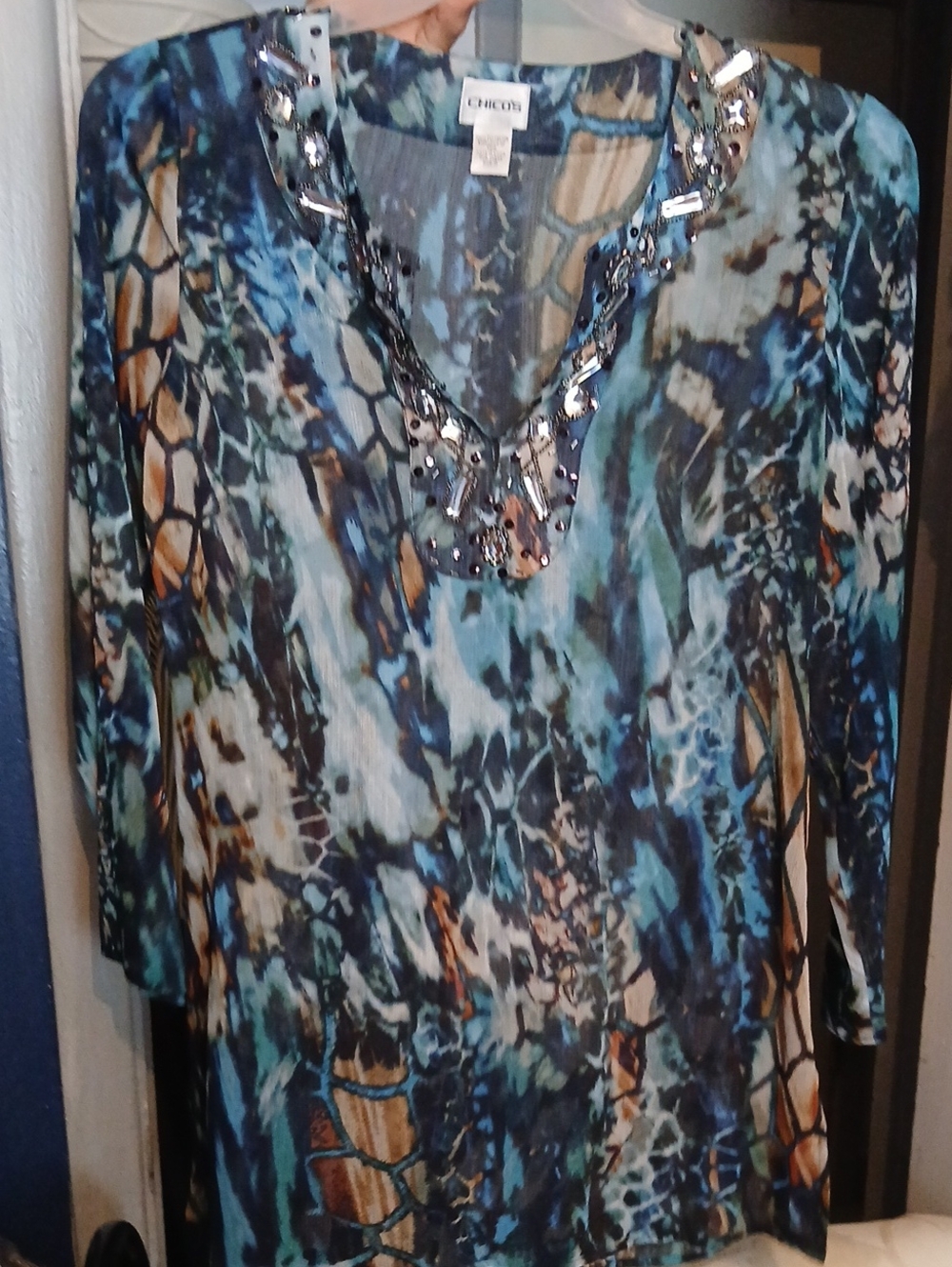 Chico's Blue Multi-Print Embellished V-Neck Tunic